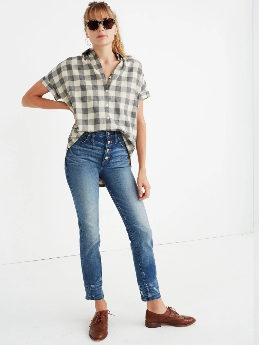 ❤️ MADEWELL HIGH RISE SLIM STRAIGHT JEANS, DISTRESSED BUTTON FRONT EDITION, 12